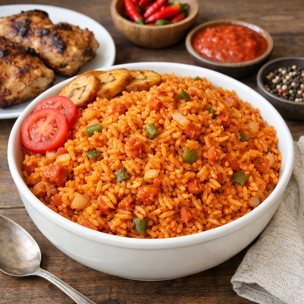 أرز جولوف أفريقي بالطماطم والتوابل بلون أحمر مميز ويُقدَّم ساخنًا
