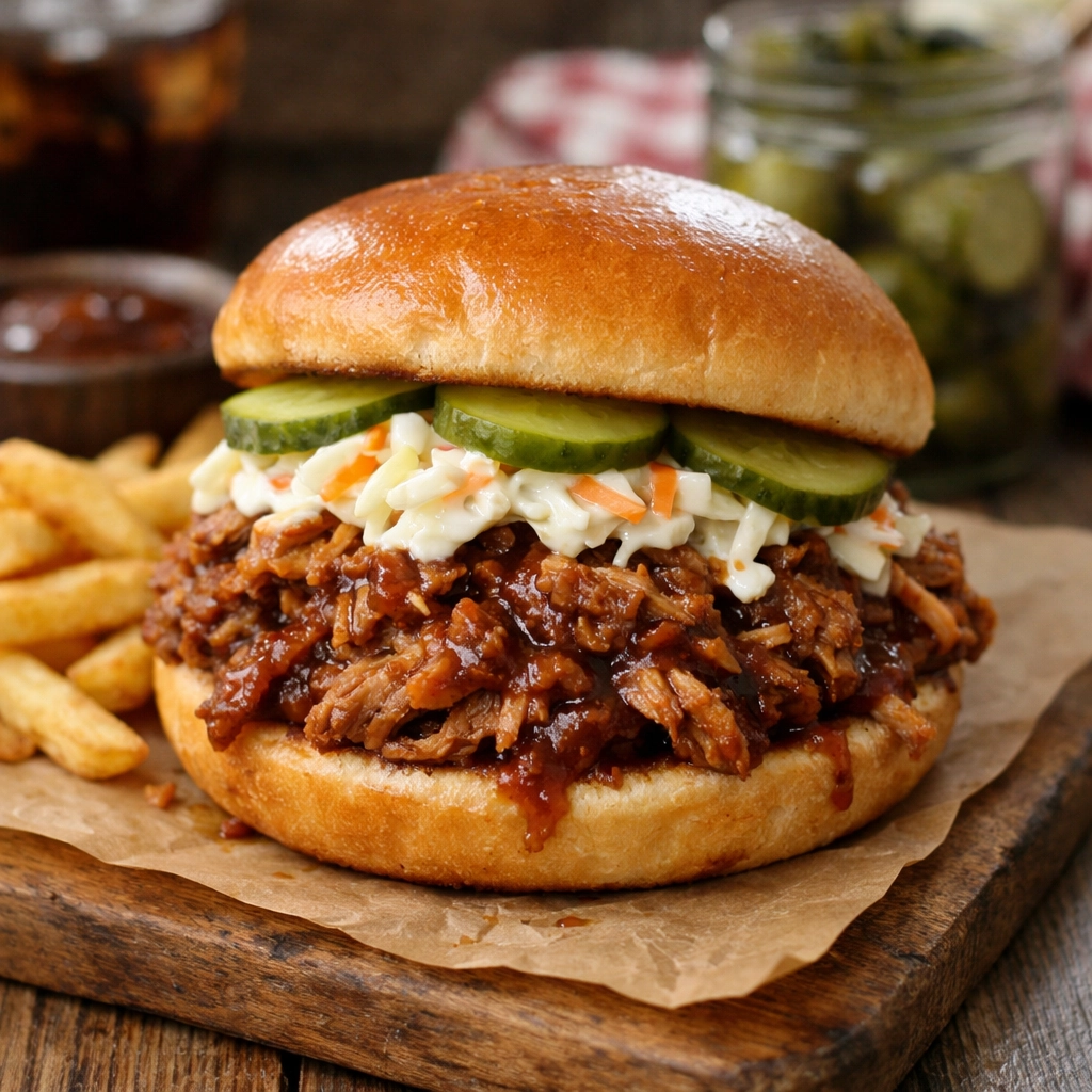 ساندويتش لحم بيف باربكيو أمريكي مطهو ببطء بصوص باربكيو غني ويُقدَّم في خبز طري