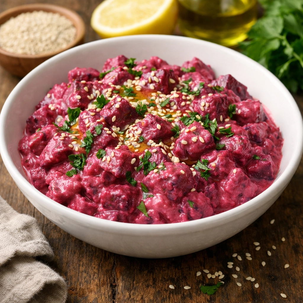 سلطة شمندر مسلوق بالطحينة والليمون بقوام كريمي ولون أرجواني جذاب وتُقدَّم باردة