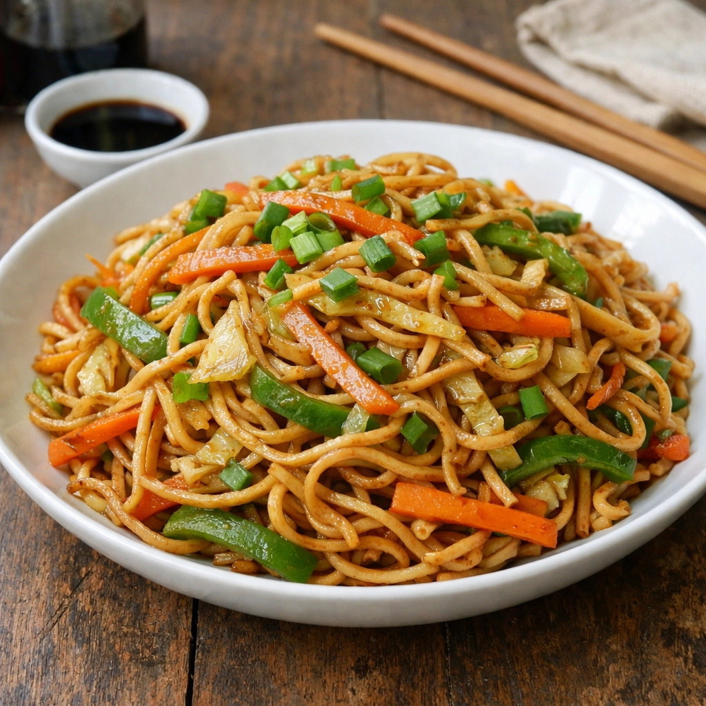 نودلز تشاو مين صينية بالخضار المقلية وصوص الصويا تُقدَّم ساخنة