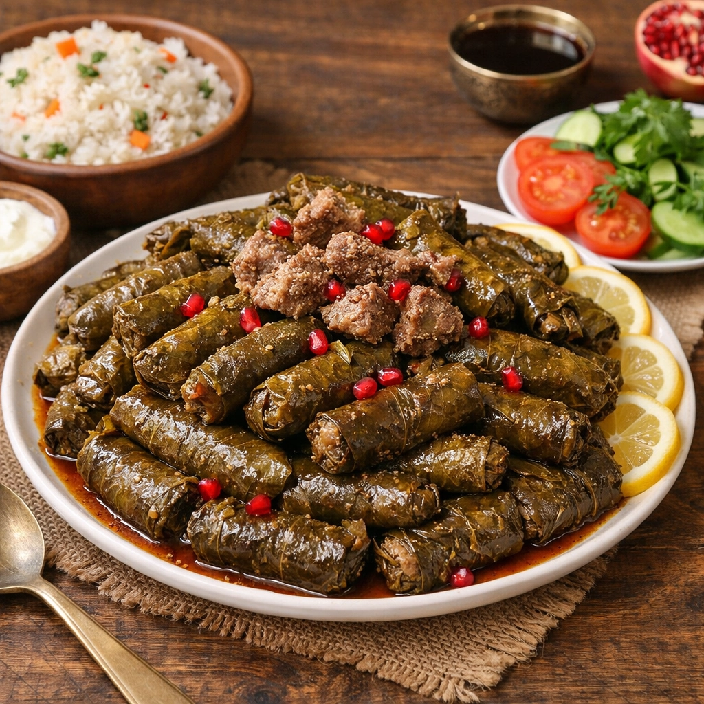 محشي ورق عنب مصري بالدبس واللحم مع أرز وخضار