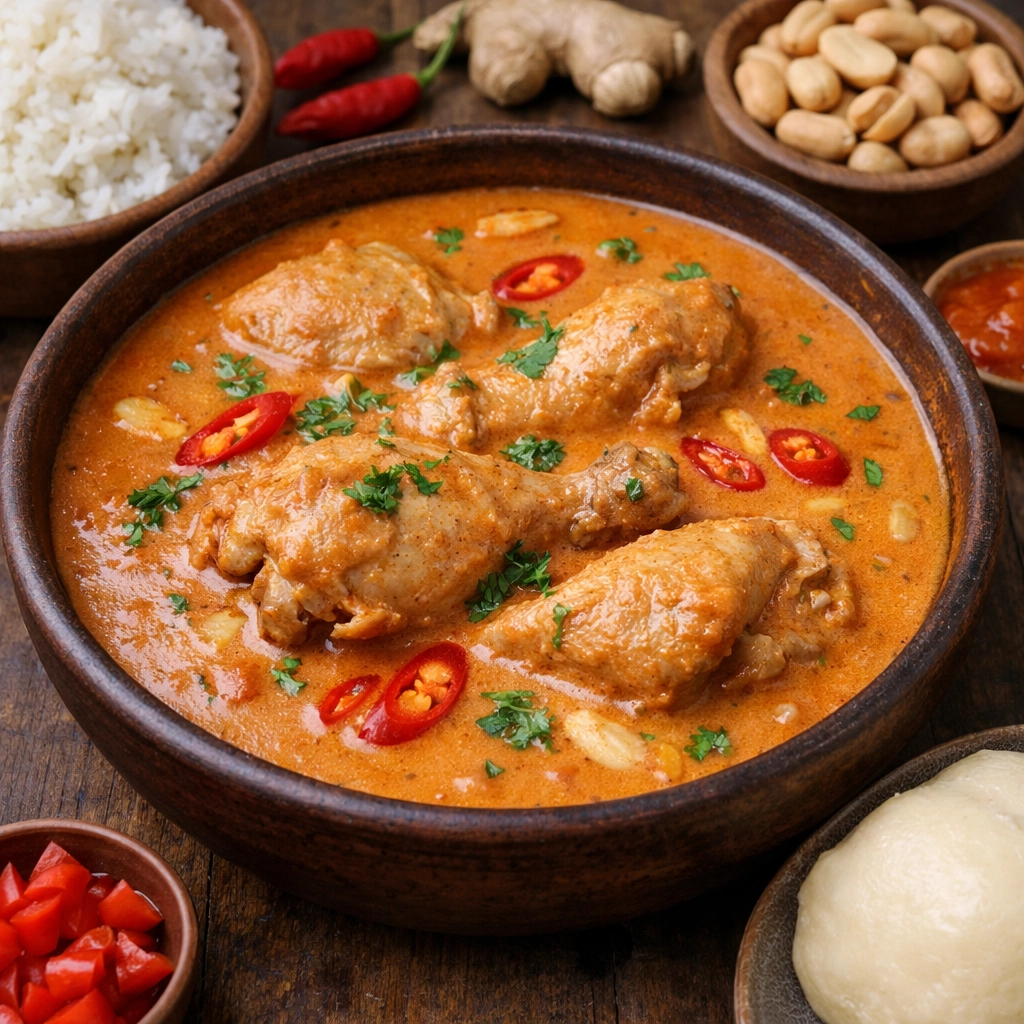 شوربة الفول السوداني الغانية بالدجاج بقوام كريمي غني وتوابل أفريقية تقليدية