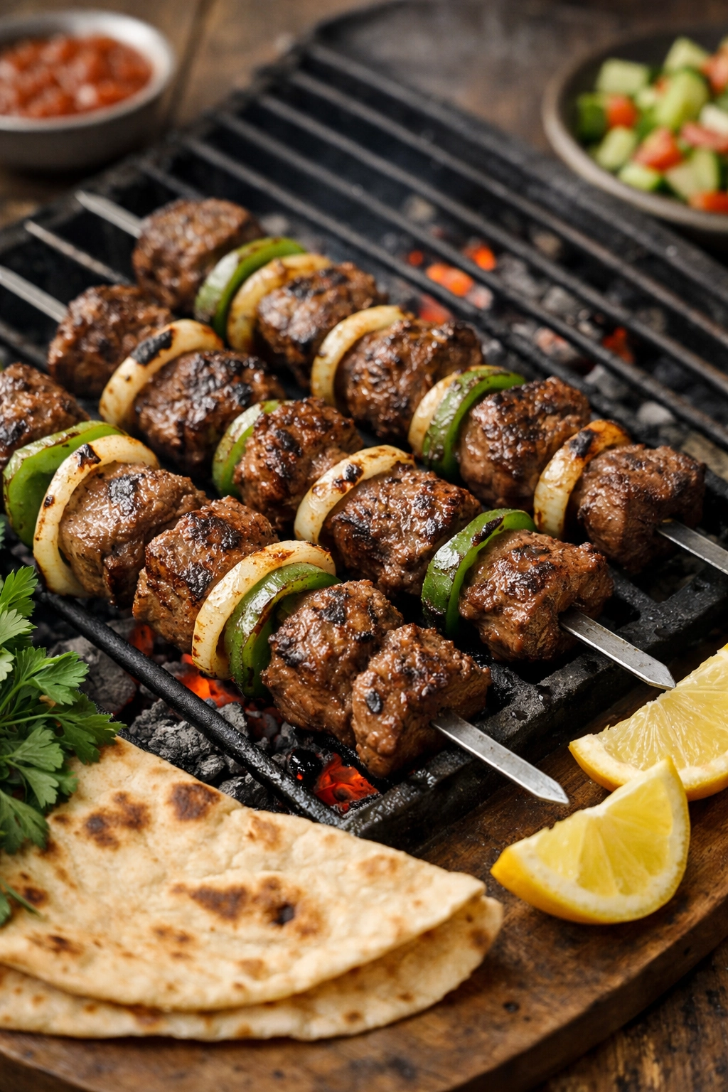 كباب لحم الضأن مشوي على الفحم مع شرائح بصل وفلفل أخضر