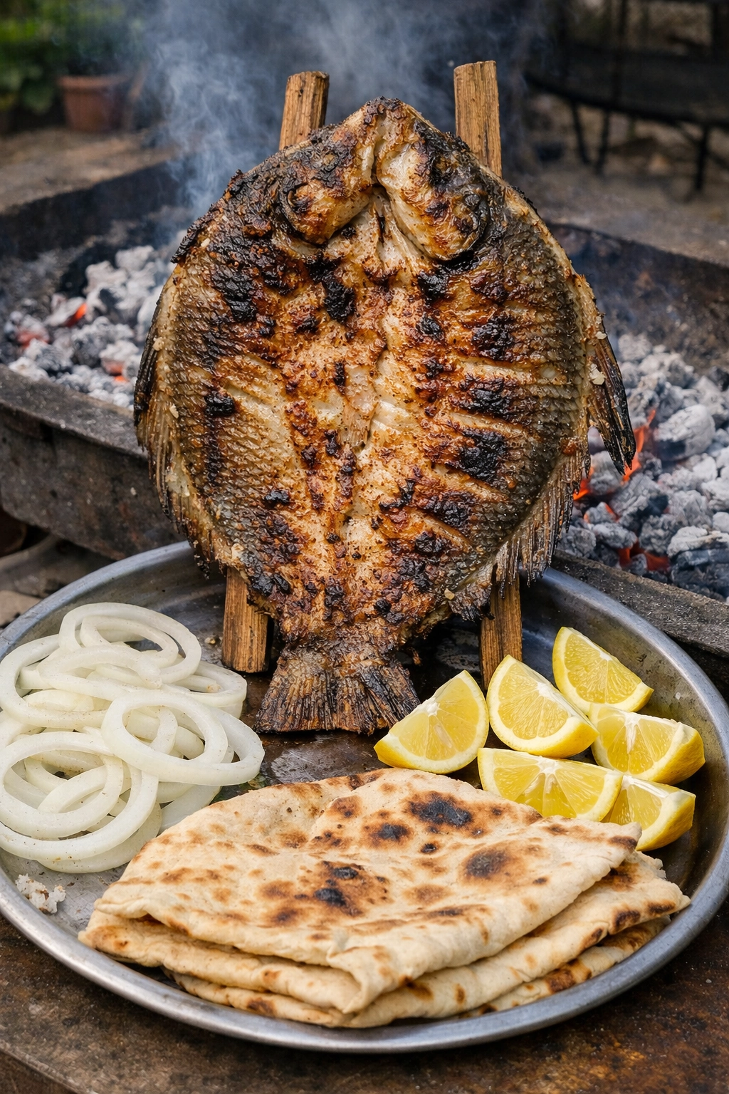 سمك مسكوف عراقي مشوي على الفحم بطريقة تقليدية ويُقدَّم مع بصل وليمون وخبز