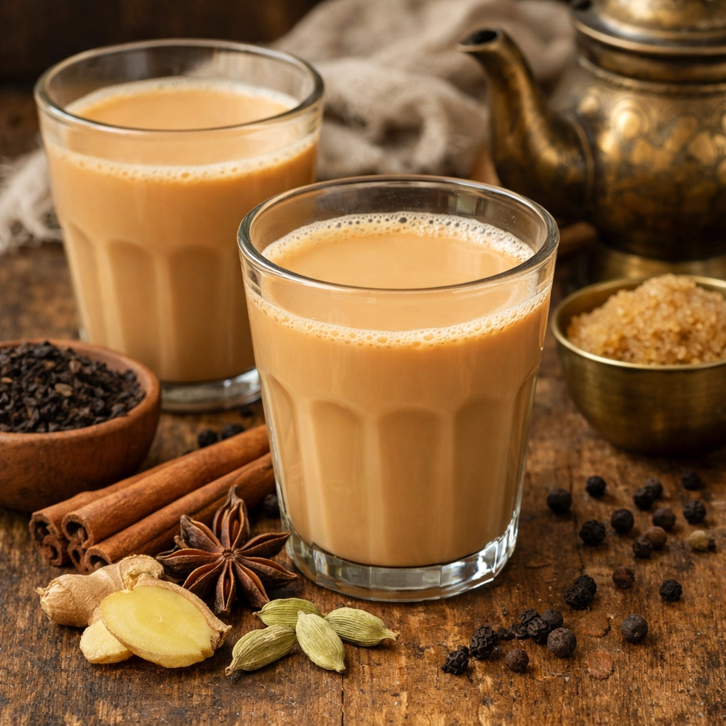 شاي كرك هندي بالحليب والبهارات يُقدَّم ساخنًا بلون كريمي ونكهة غنية