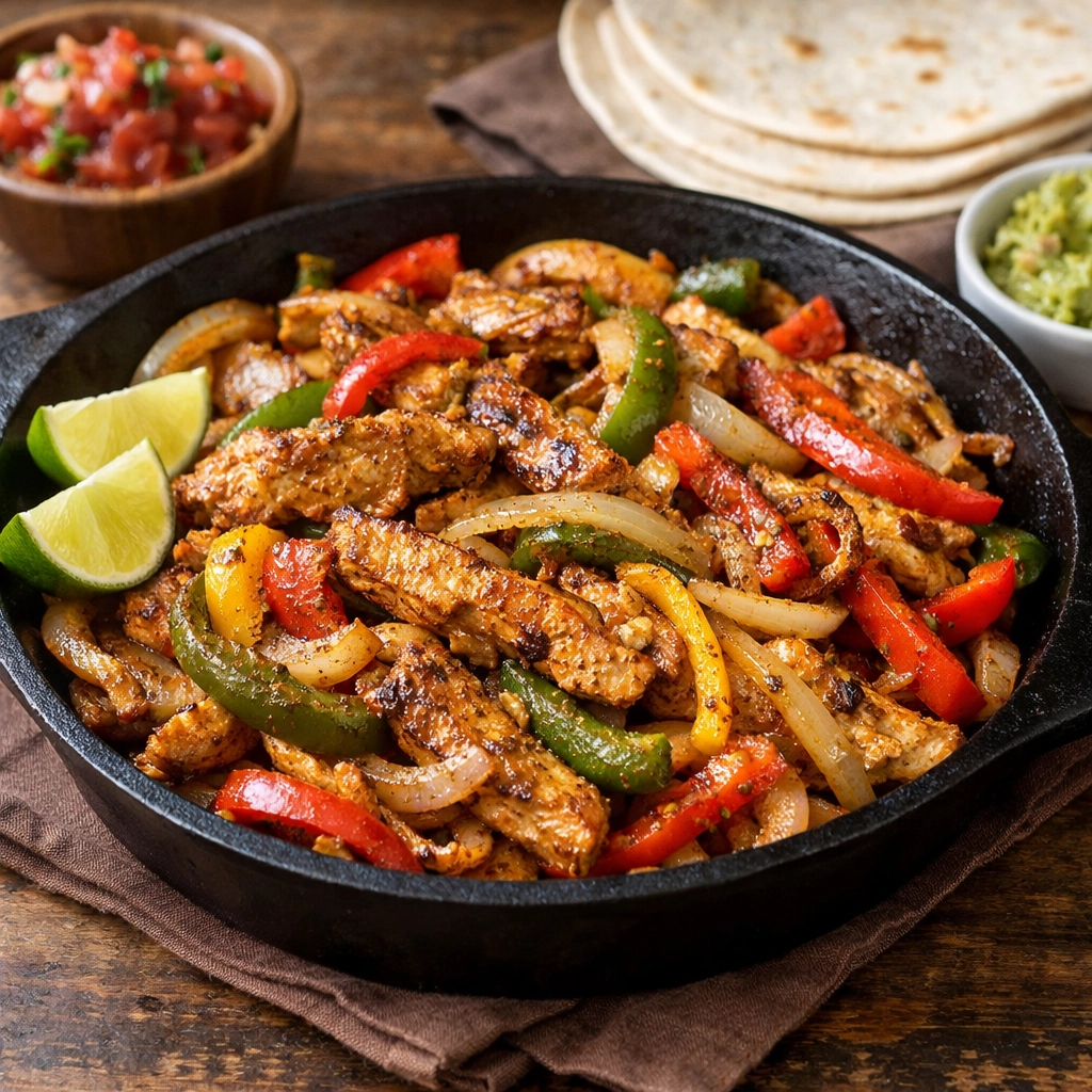 فاهيتا دجاج مكسيكية بشرائح الفلفل والبصل متبلة بتوابل مكسيكية وتُقدَّم ساخنة