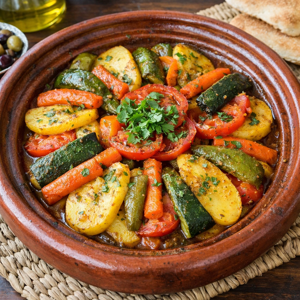 طاجن خضار مغربي مطهو ببطء مع بهارات مغربية وزيت زيتون ويُقدَّم ساخنًا في طاجن فخاري
