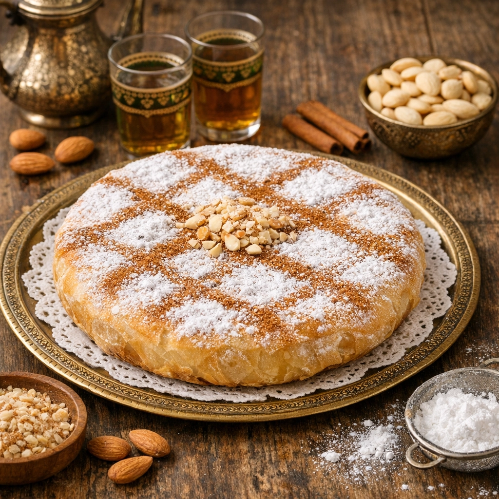 بسطيلة مغربية محشوة باللوز والقرفة ومغطاة بالسكر البودرة