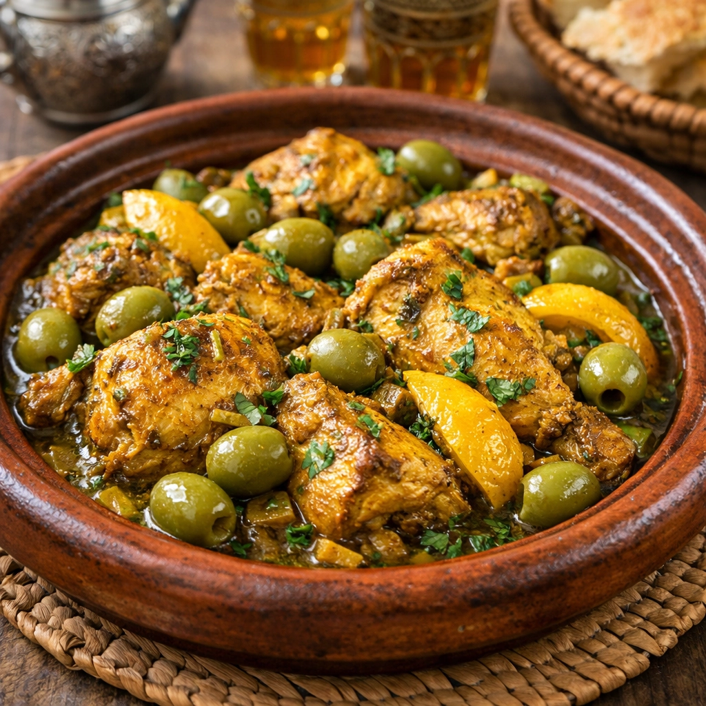 طاجن دجاج مغربي بالليمون المصير والزيتون الأخضر