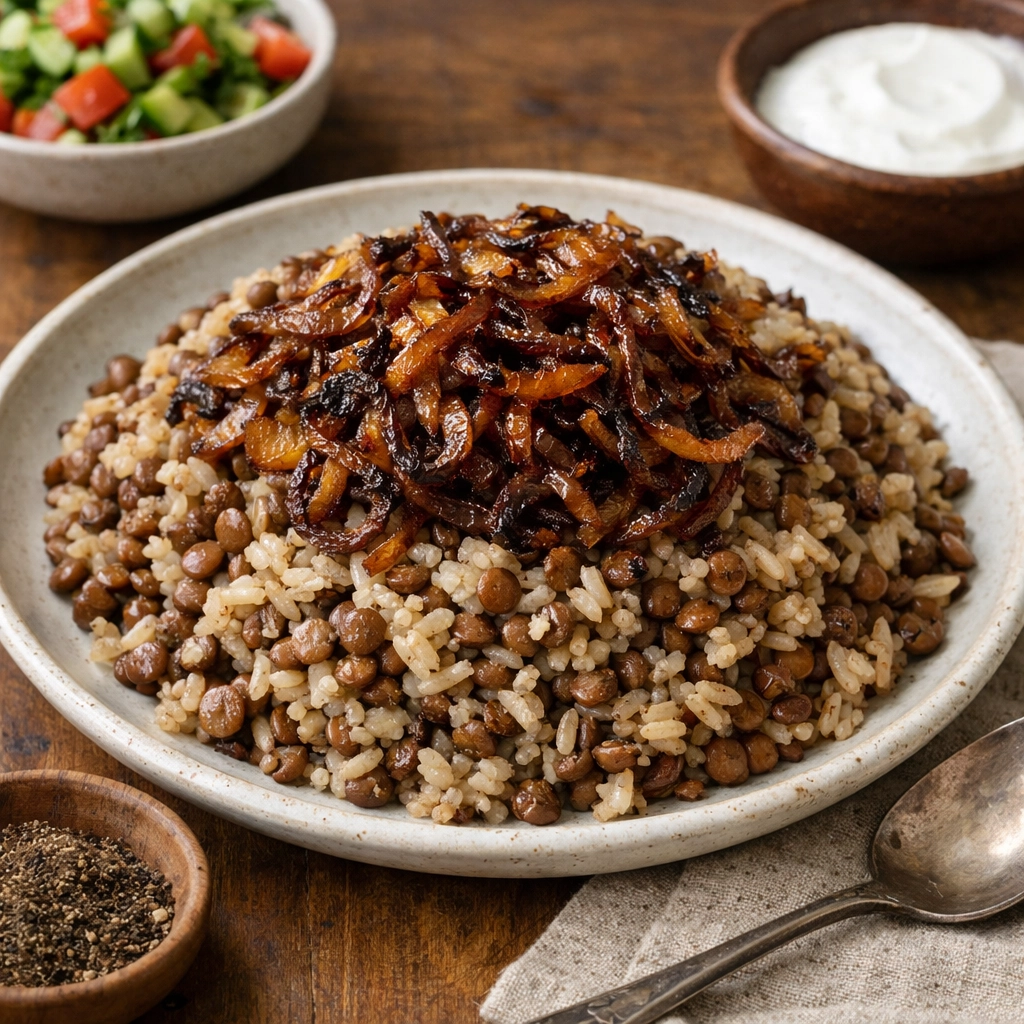 مجدرة عدس بالأرز مع بصل مكرمل داكن اللون تُقدَّم ساخنة كطبق عربي نباتي شهي