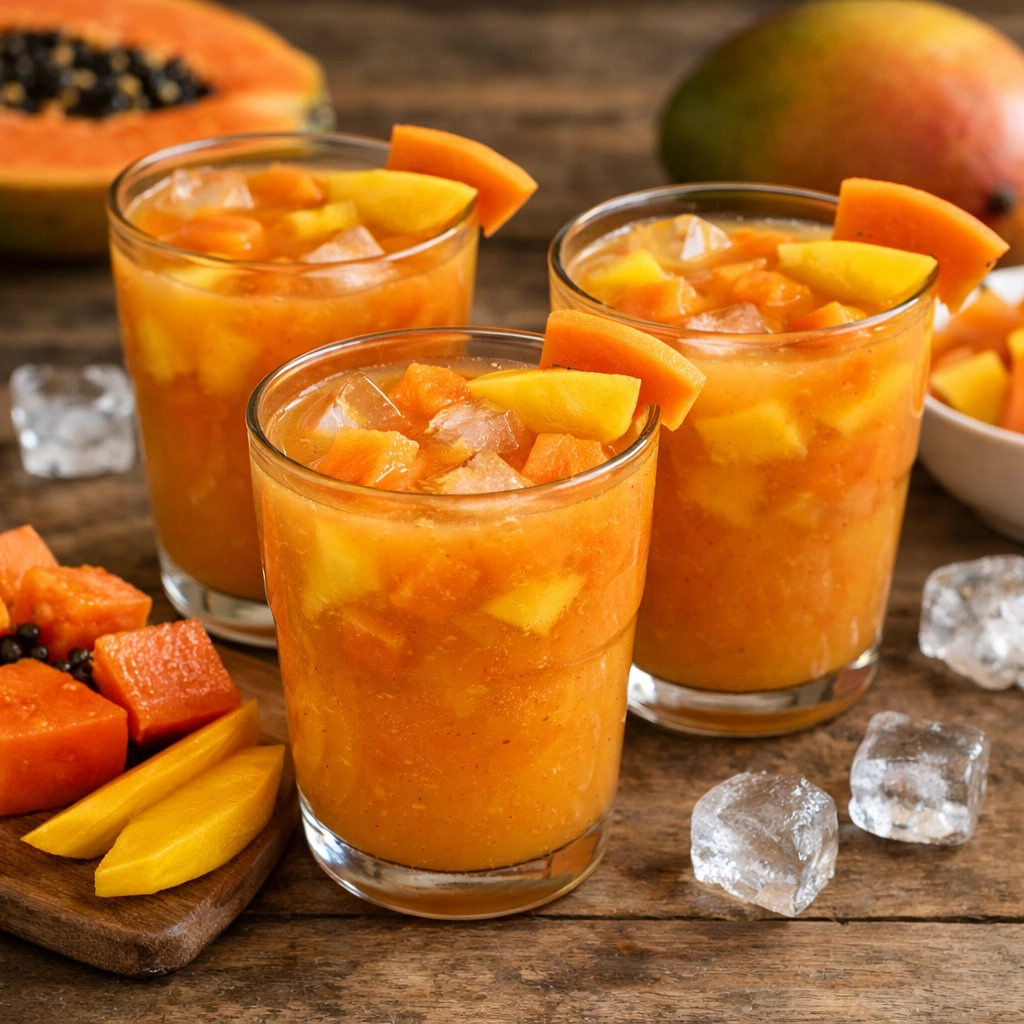 عصير مانجو وبابايا نيجيري بارد ومنعش مع قطع فاكهة