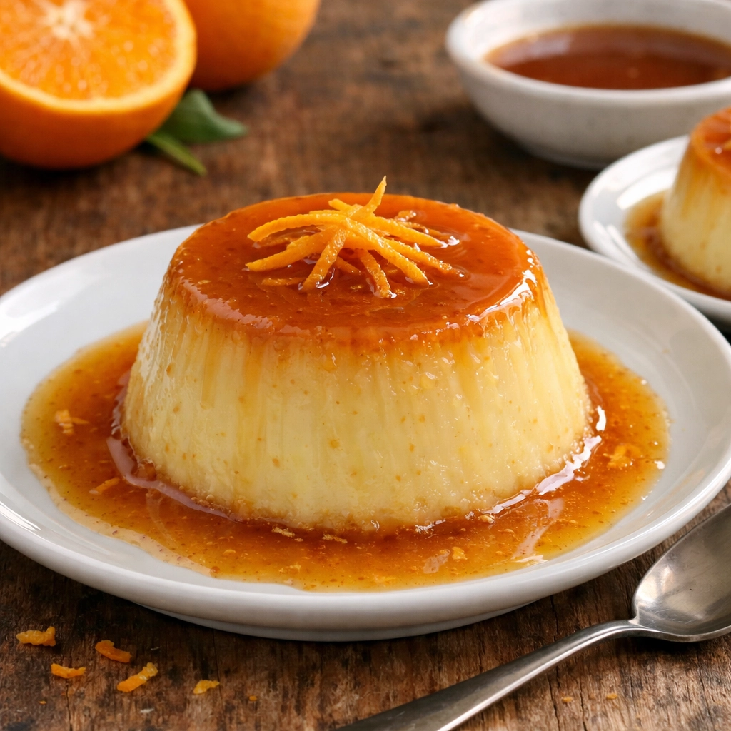 كريم كراميل بالبرتقال بقوام ناعم مع صوص كراميل ذهبي ولمسة حمضيات خفيفة