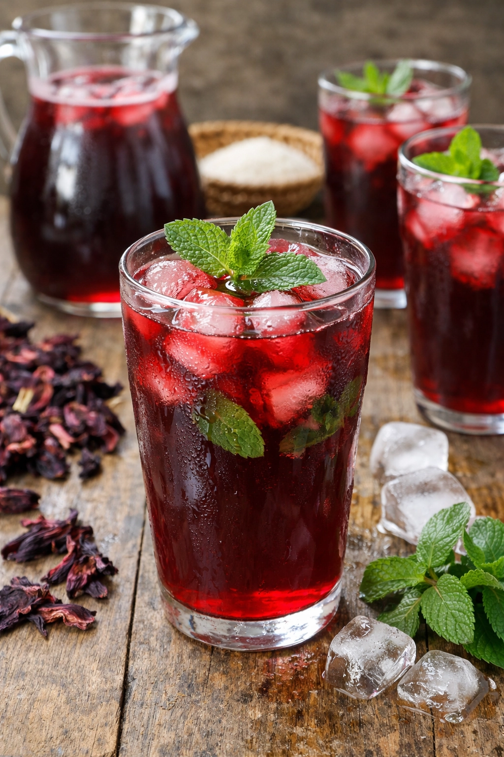 عصير بيساب سنغالي بالكركديه الأحمر والنعناع يُقدَّم باردًا ومنعشًا