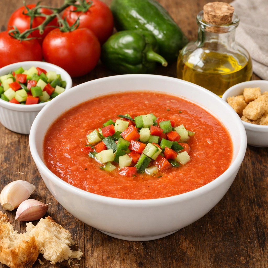 غاسباتشو إسباني بارد بالطماطم والخيار والفلفل يُقدَّم مبردًا بقوام ناعم ولون أحمر طبيعي