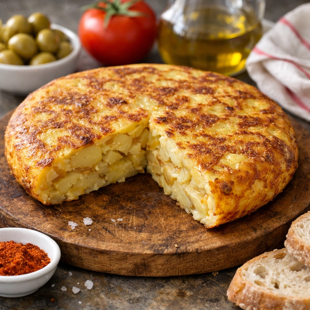 تورتيلا إسبانية تقليدية بالبطاطس والبصل بسمك متوازن وتقديم كلاسيكي