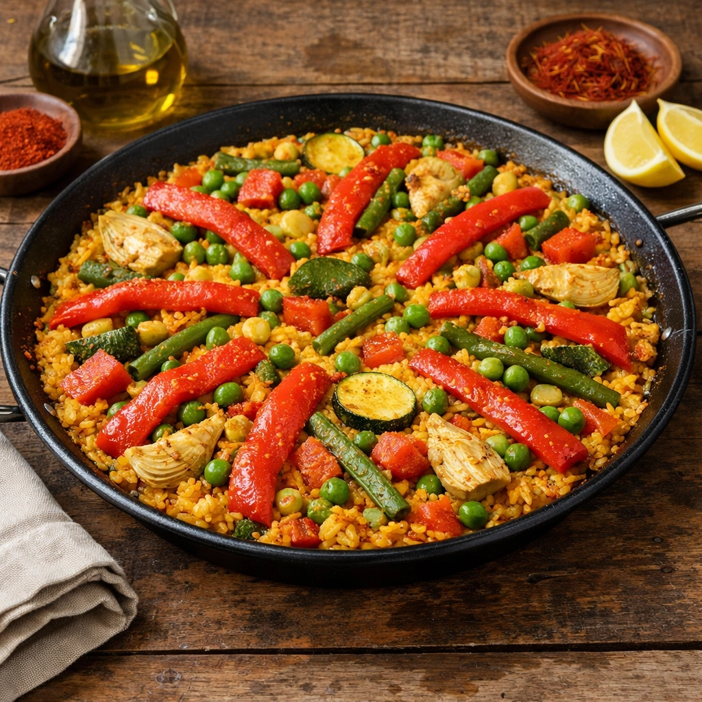 بايلا خضار إسبانية بالأرز والخضروات الملونة مطهية بزيت الزيتون والزعفران