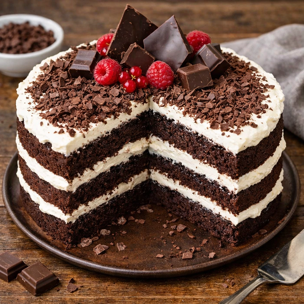 كعكة شوكولاتة سويسرية بطبقات الكريمة الغنية والشوكولاتة الداكنة