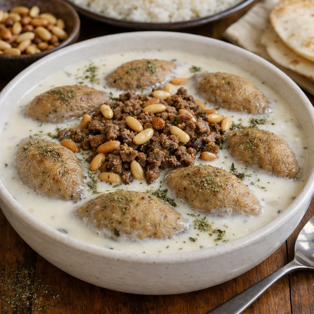 كبة لبنية سورية باللحم المفروم والصنوبر وصلصة اللبن الغنية