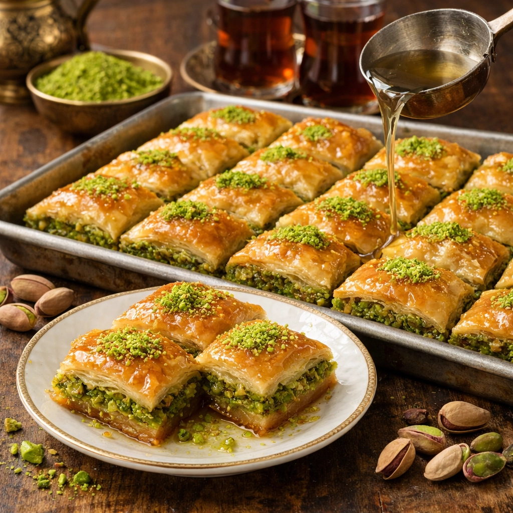 بقلاوة تركية بالفستق الحلبي وقطر السكر غنية ومقرمشة